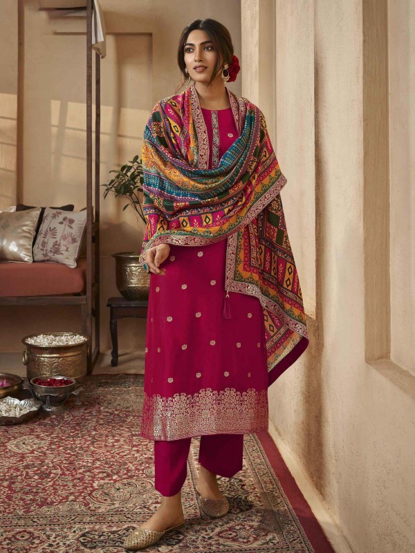 Deep Pink Dola Jacquard Silk Designer Salwar Kameez